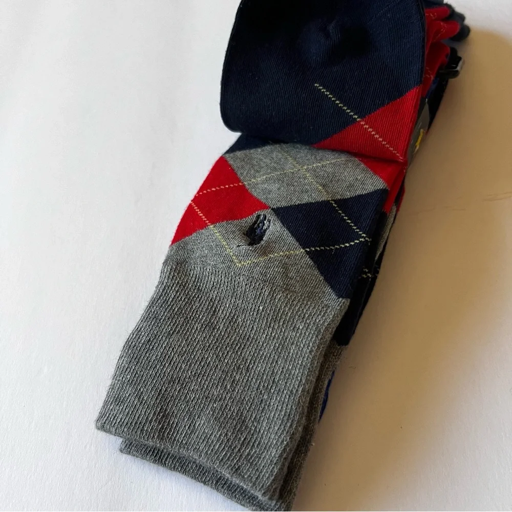 RALPH LAUREN POLO MENS 3 Pair COTTON BLEND SOCKS ARGYLE MIX BLUE RED GRAY OS NWT